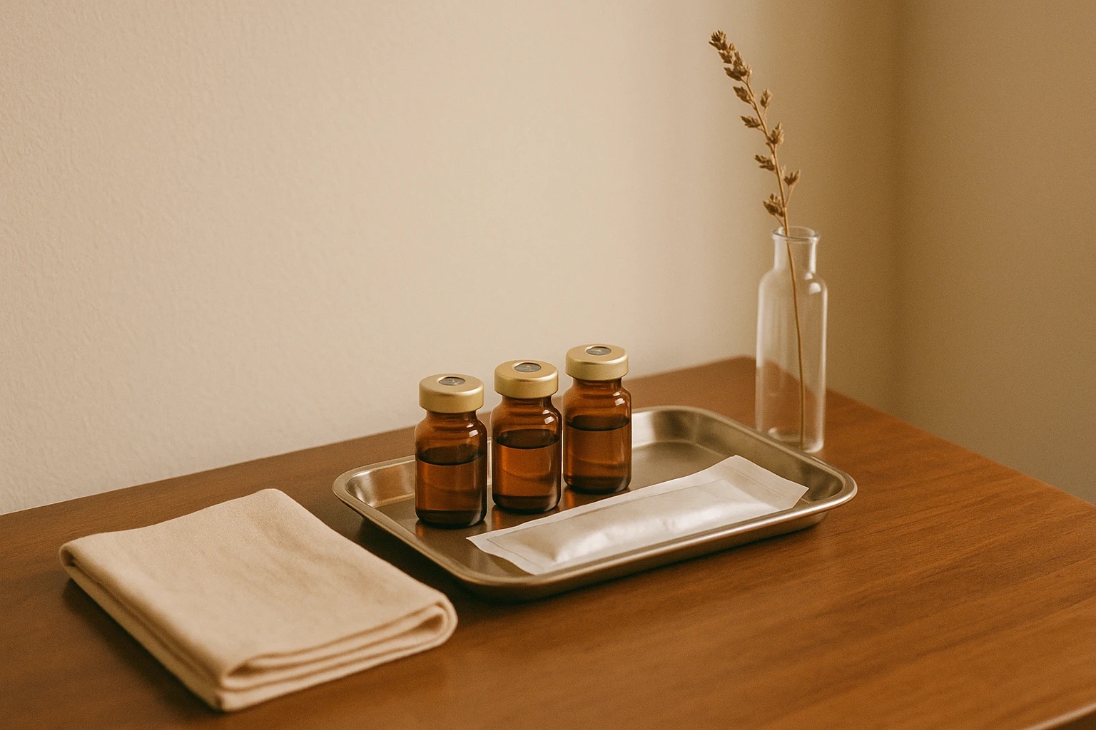 Bandeja apothecary con viales sellados y botánico — Medicina estética en Clínica Siloé