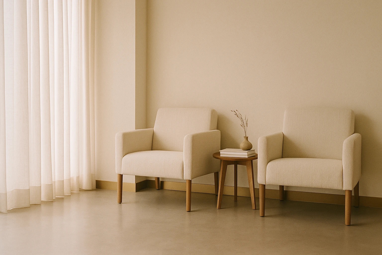 Sala de espera de Clínica Siloé en Valladolid — luz natural y materiales nobles